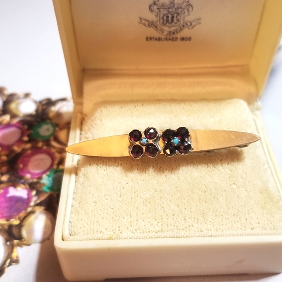 10kt TOP 1910s George L. Paine Bohemian Garnet Persian Turquoise Brooch - Picture 2 of 8